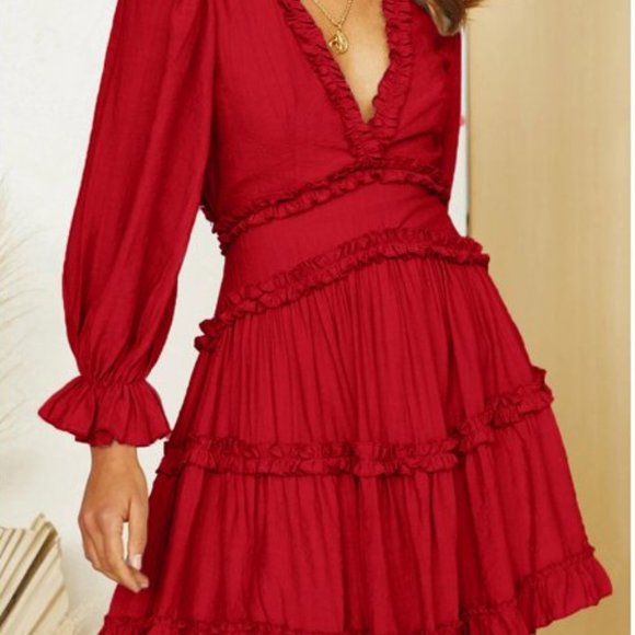 Long Sleeve Red A-Line Dress with Frills - Picture 1 of 6